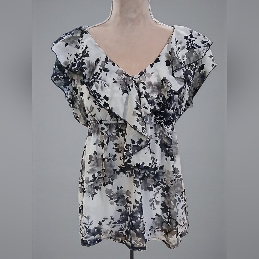 Vtg Y2k Wrapper Ruffle Floral Blouse Large Dark Romantic Fairy Goth Black White